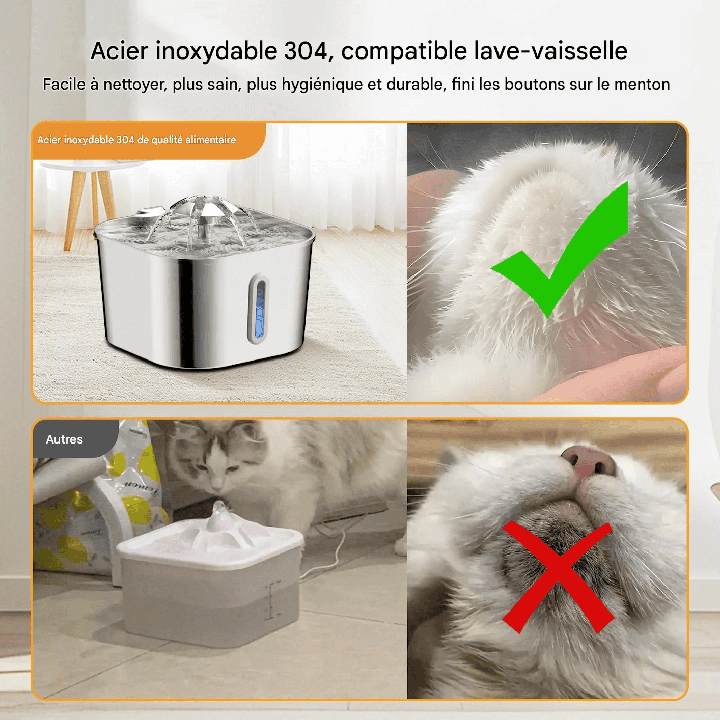 Fontaine à eau chat chien Inox 2,2L silencieuse intelligente avec capteur de mouvement Quadruple filtration